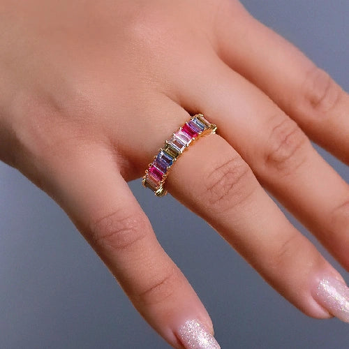 Anel Zircônia Varias Navetes Coloridas - Ouro